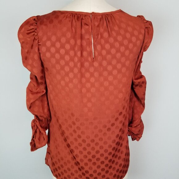 Max Studio Ruched Long Sleeve Rust Polka Dot Silky Blouse w/Keyhole Back Size XS - Picture 4 of 7